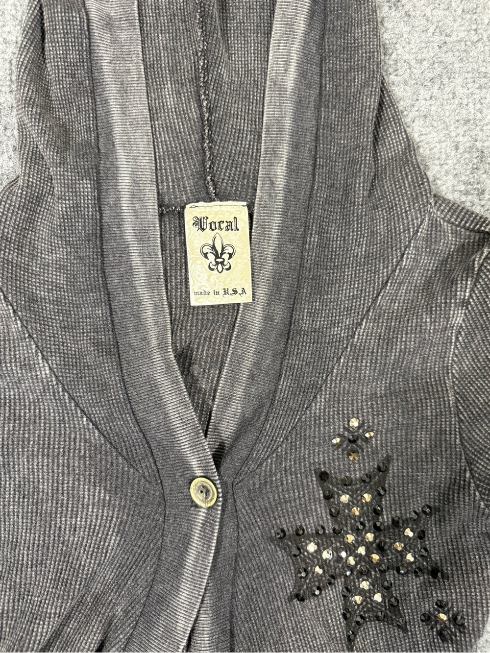 Vocal USA Hooded Waffle Knit Cardigan Rhinestone Embellished - Picture 5 of 7